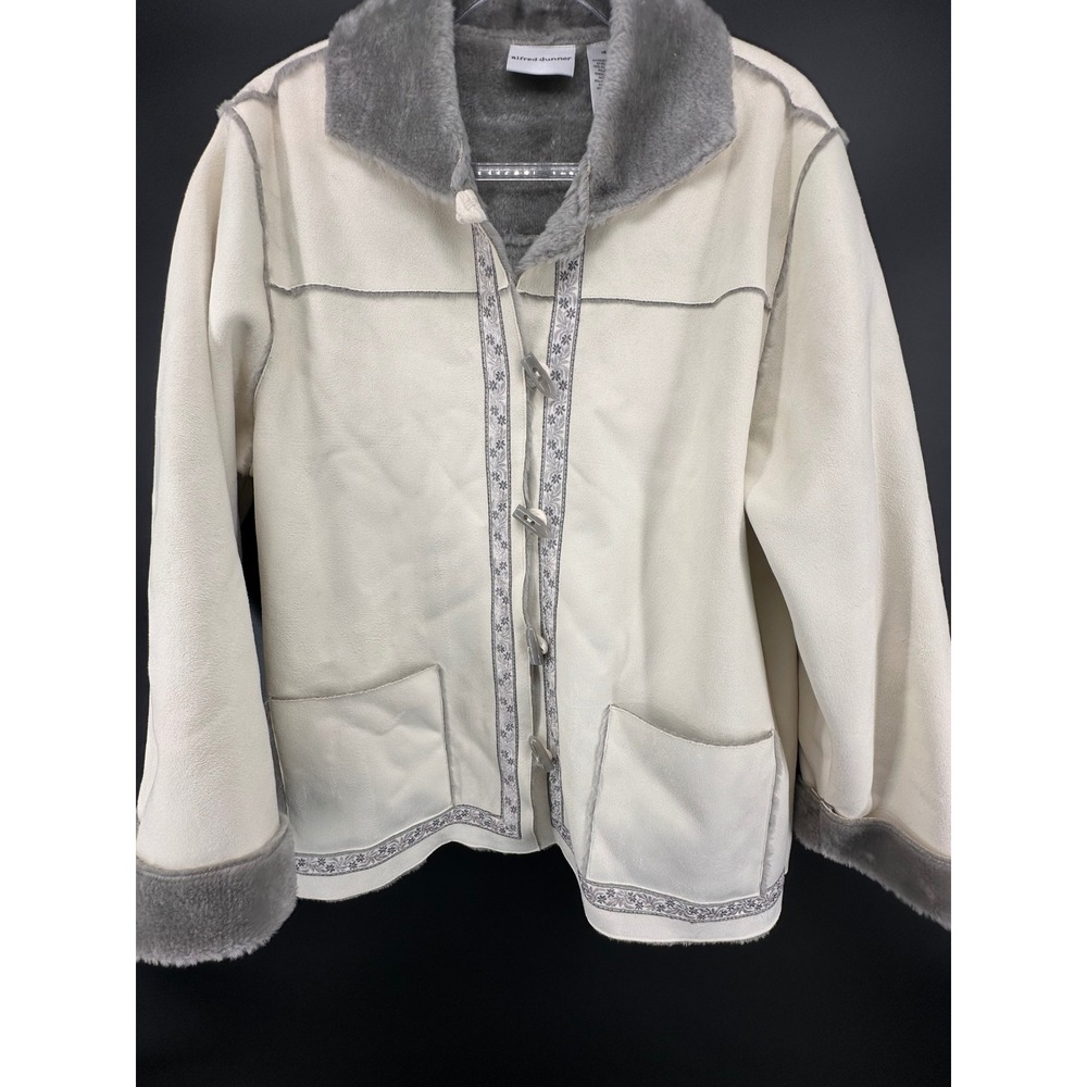 Alfred Dunner Womens Faux Suede Fur Lined Toggle Jacket Cream Grey Size 18